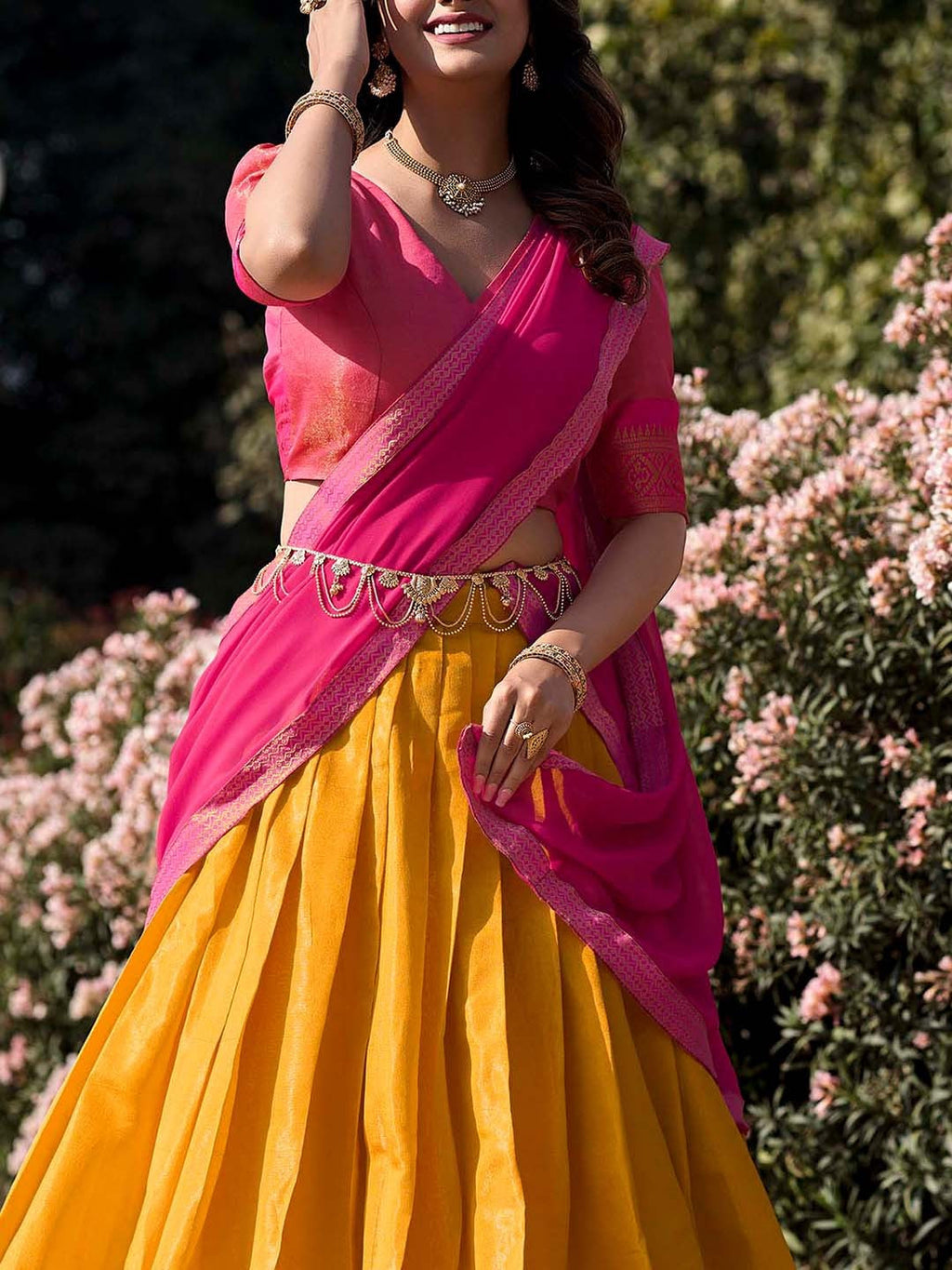 Lorenvalley Mustard Kanchipuram Zari Weaving Work Lehenga Choli with Dupatta