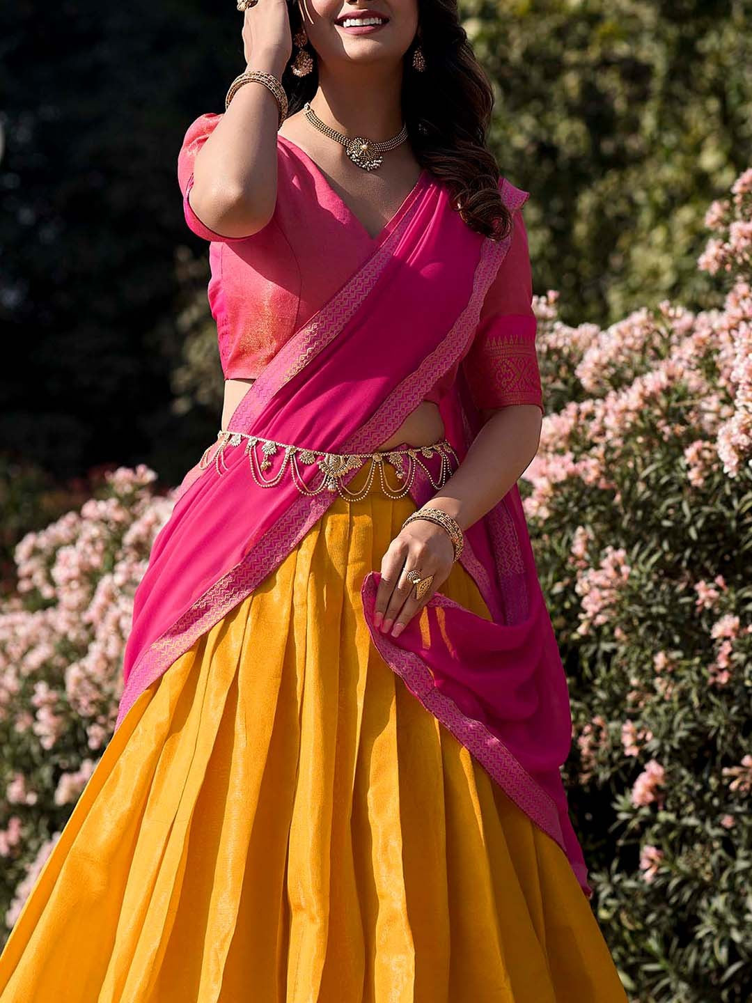 Lorenvalley Mustard Kanchipuram Zari Weaving Work Lehenga Choli with Dupatta