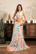Joban Fashion White Color Block Linen Ready To Wear Saree With Unstitched Blouse - Distacart
