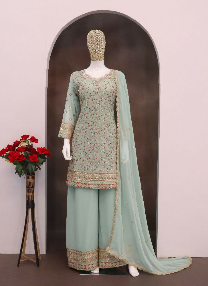Anaita Sky-blue Embroderied Faux Georgette Stitched Plazzo Suit - Distacart
