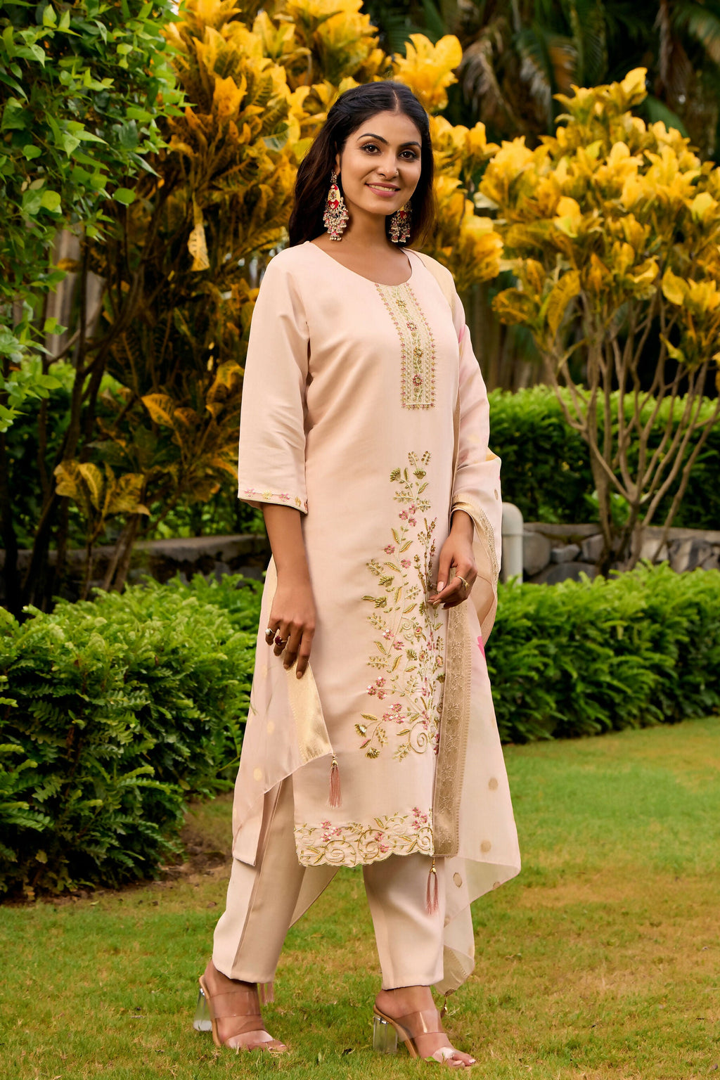 The52 Women's Beautiful Embroidery Work Roman Fabric Straight Kurta Pant and Dupatta Set - Distacart