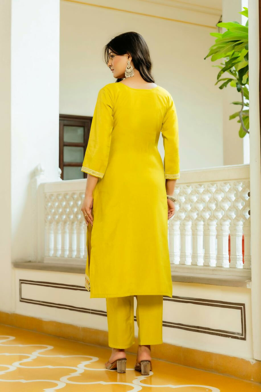 The52 Yellow Women's Beautiful Embroidered Viscose Shimmer Fabric with Straight Kurta, Pant and Dupatta Set - Distacart
