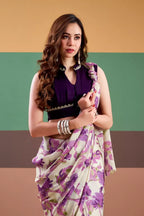 Vastranavya Purple Satin Silk Floral Printed Saree with Stitched Blouse - Distacart