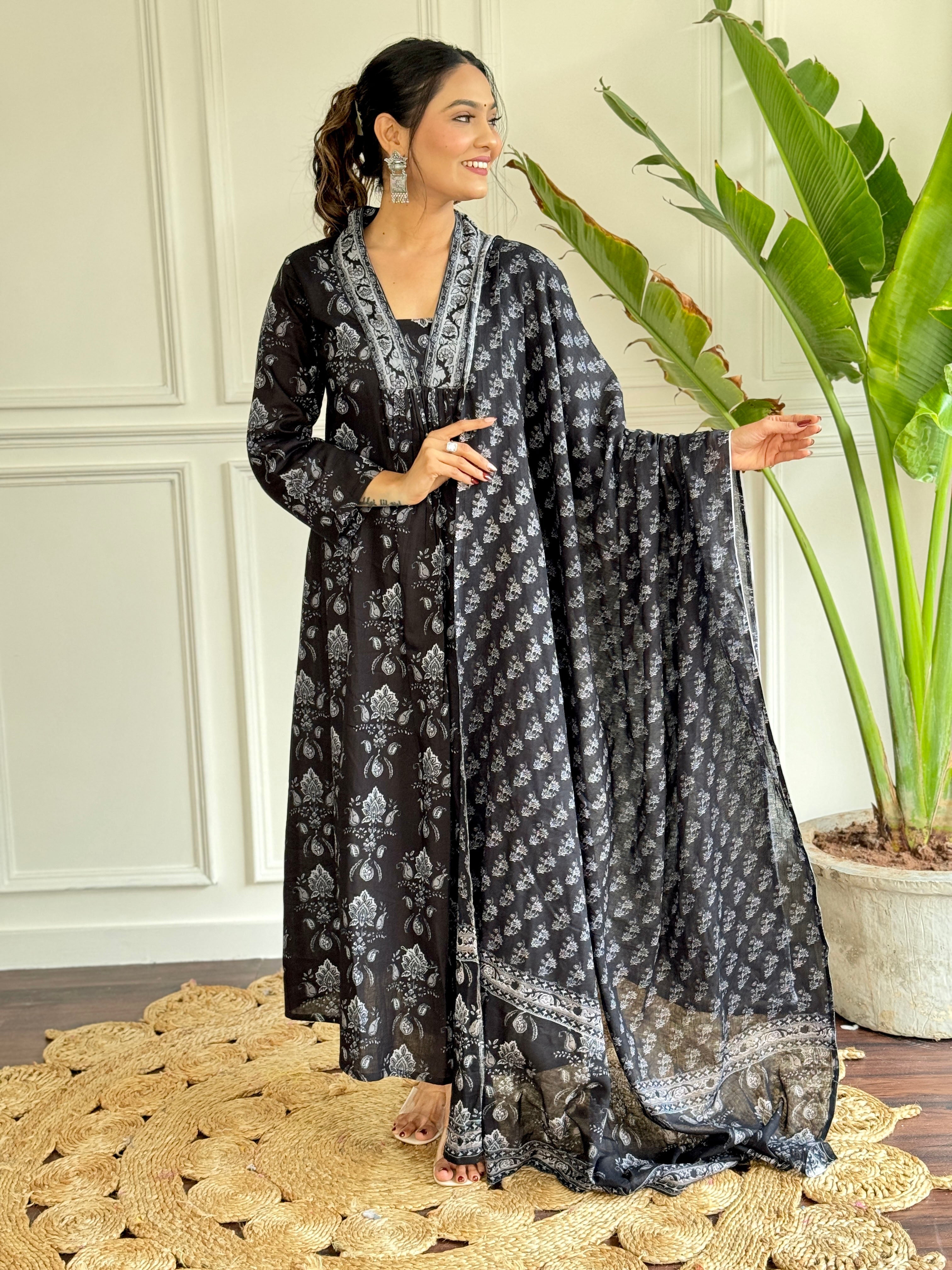 Teeya Creation Black Colour Pure Cotton Digital Print Fully Stitched Kurti Set - Distacart