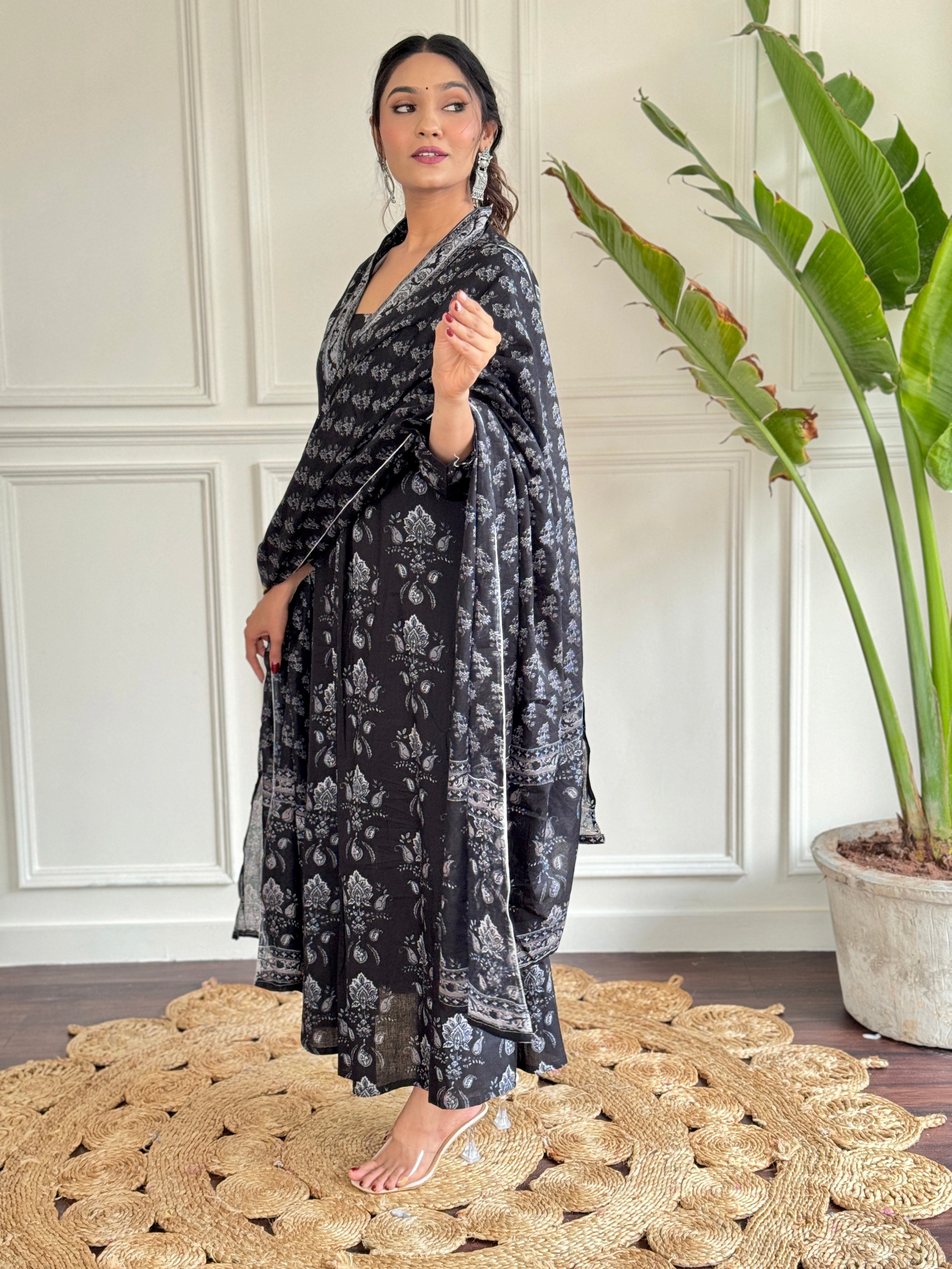 Teeya Creation Black Colour Pure Cotton Digital Print Fully Stitched Kurti Set - Distacart