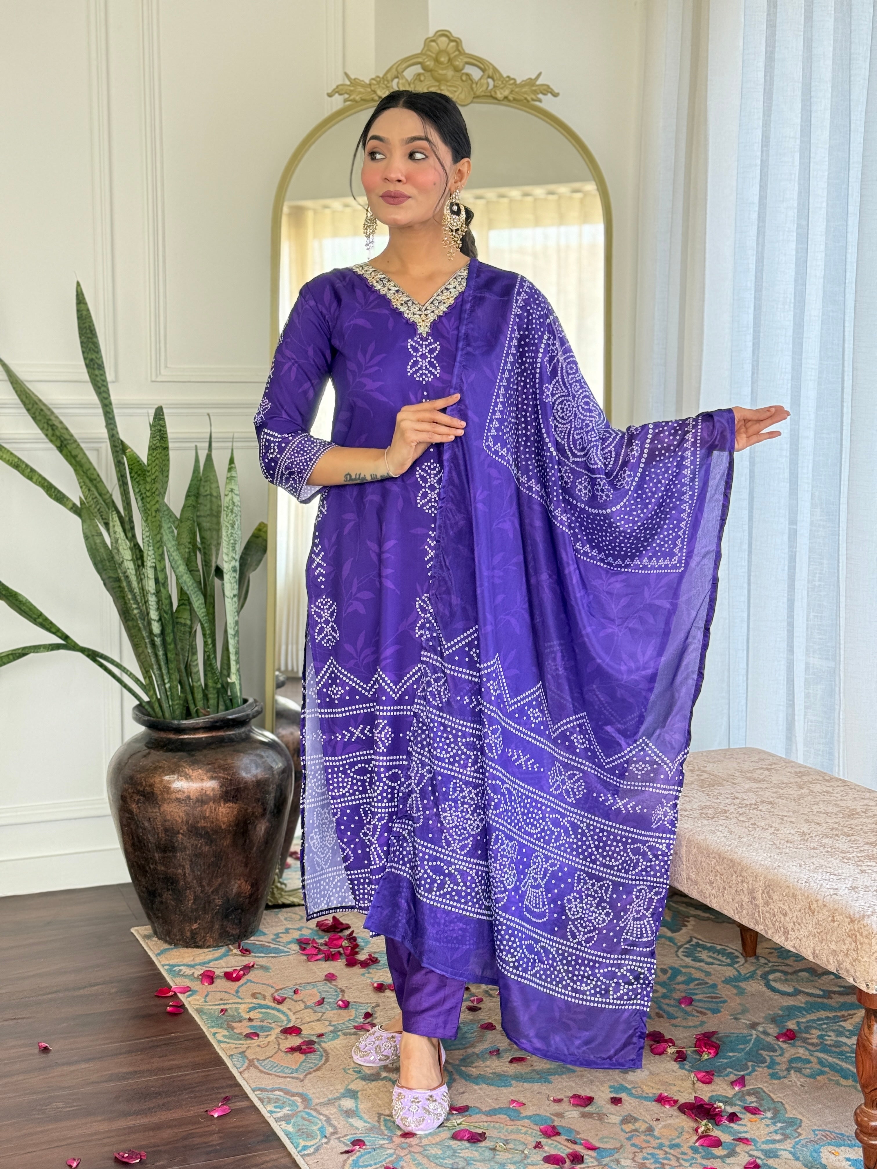 Teeya Creation Purple Colour French Crepe Digital Print With Embroidery Work Fully Stitched Kurti Set - Distacart