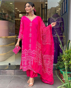 The52 Silk Blend Printed Fabric work Straight cut Kurta, Pant and Dupatta Set - Distacart
