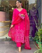 The52 Silk Blend Printed Fabric work Straight cut Kurta, Pant and Dupatta Set - Distacart
