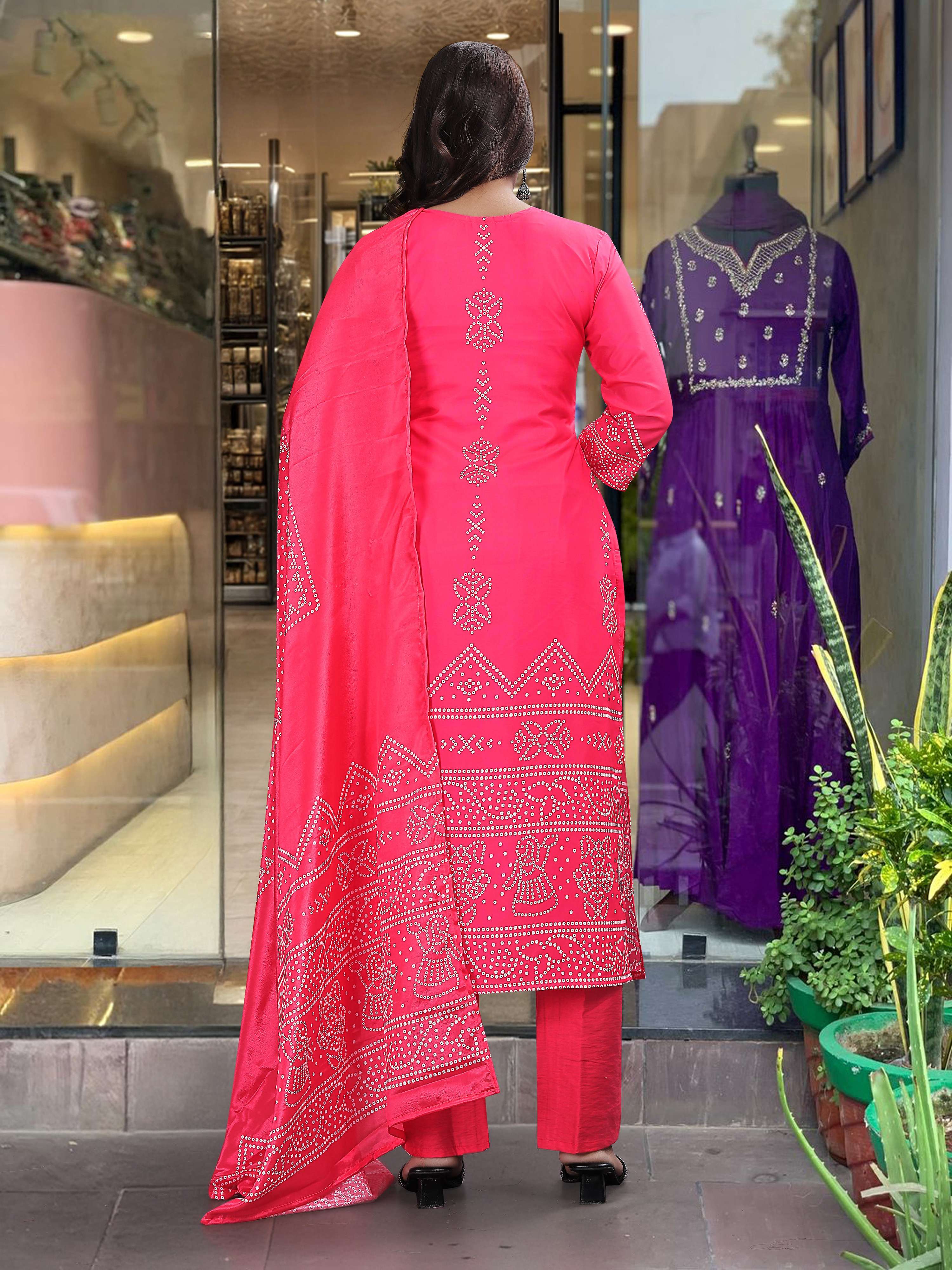 The52 Silk Blend Printed Fabric work Straight cut Kurta, Pant and Dupatta Set - Distacart