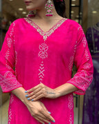 The52 Silk Blend Printed Fabric work Straight cut Kurta, Pant and Dupatta Set - Distacart