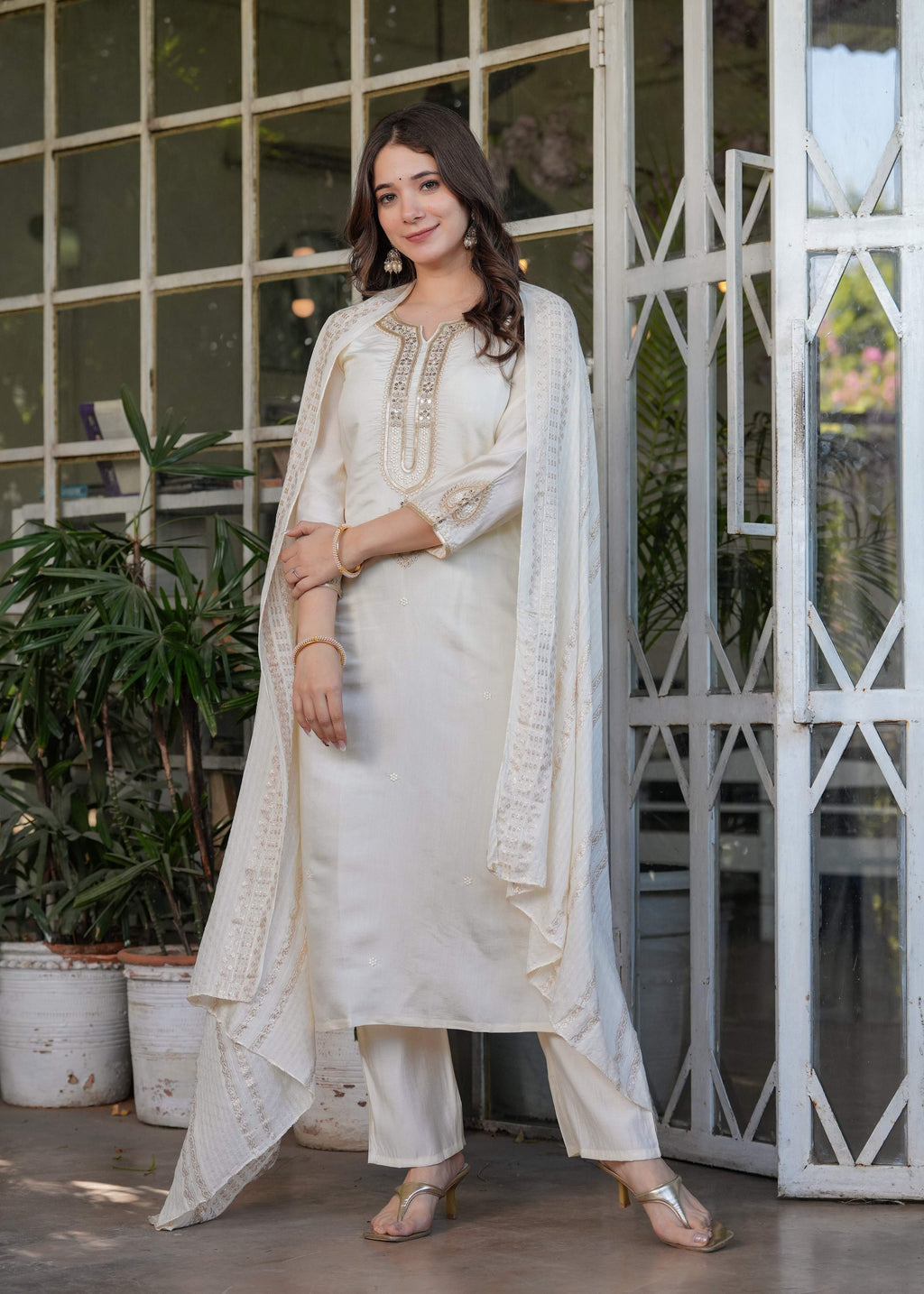 The52 Beautiful Embroidered Viscose Chanderi Fabric Straight Kurta, Pant and Dupatta Set - Distacart