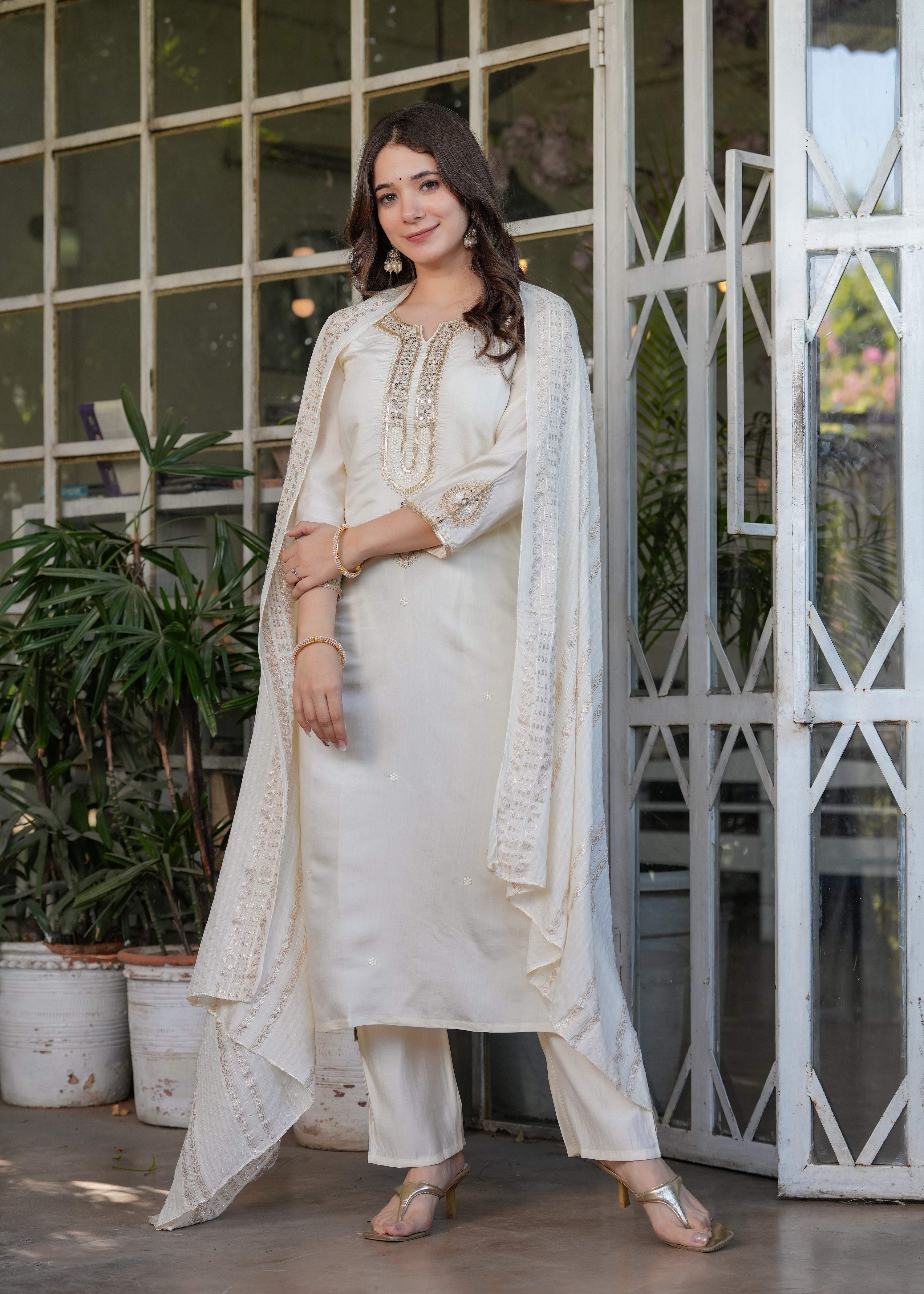The52 Beautiful Embroidered Viscose Chanderi Fabric Straight Kurta, Pant and Dupatta Set - Distacart