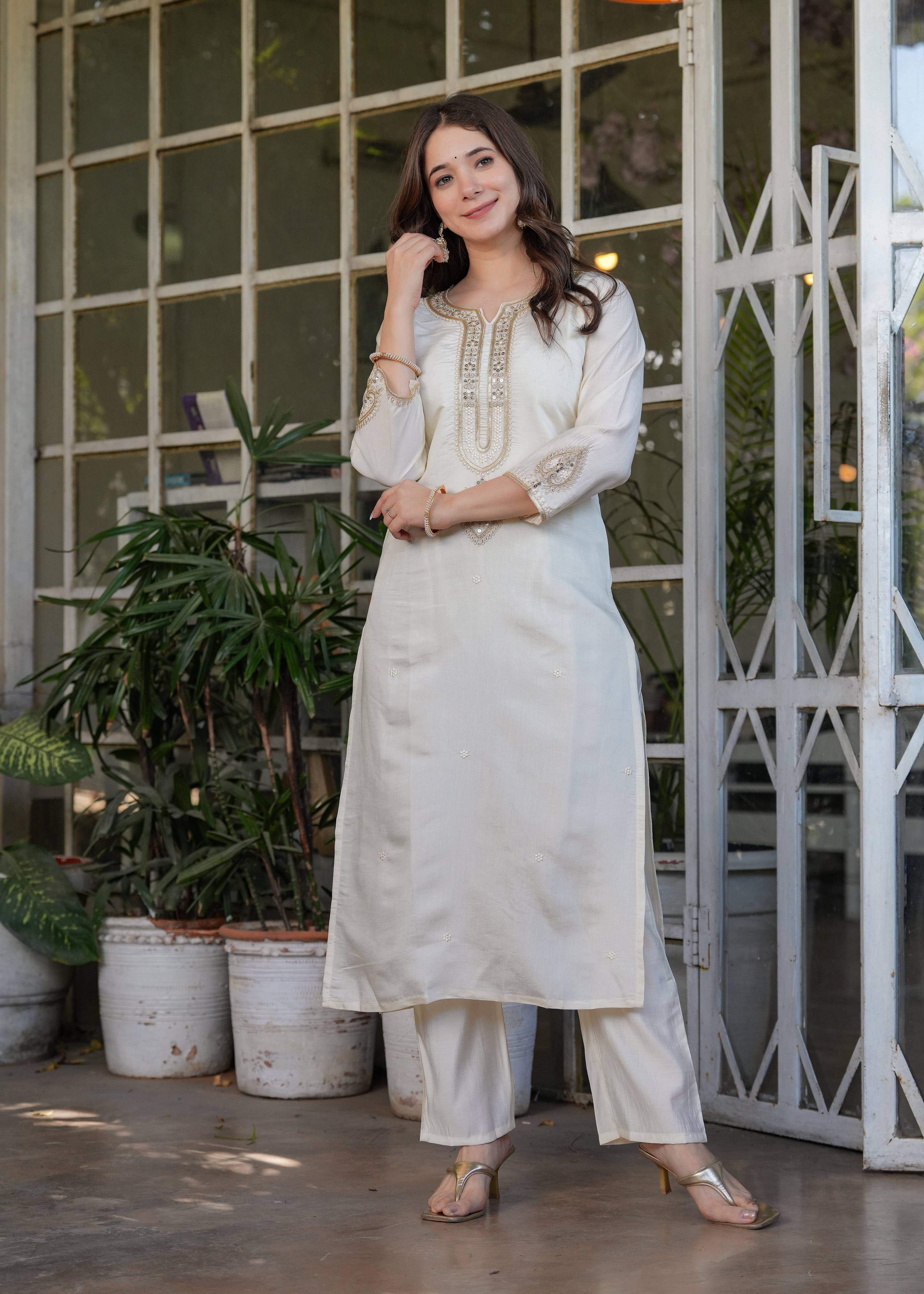 The52 Beautiful Embroidered Viscose Chanderi Fabric Straight Kurta, Pant and Dupatta Set - Distacart