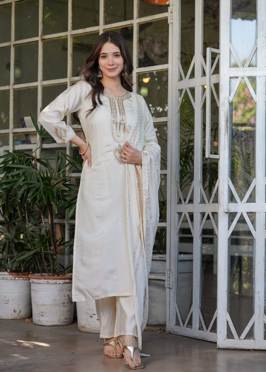 The52 Beautiful Embroidered Viscose Chanderi Fabric Straight Kurta, Pant and Dupatta Set - Distacart