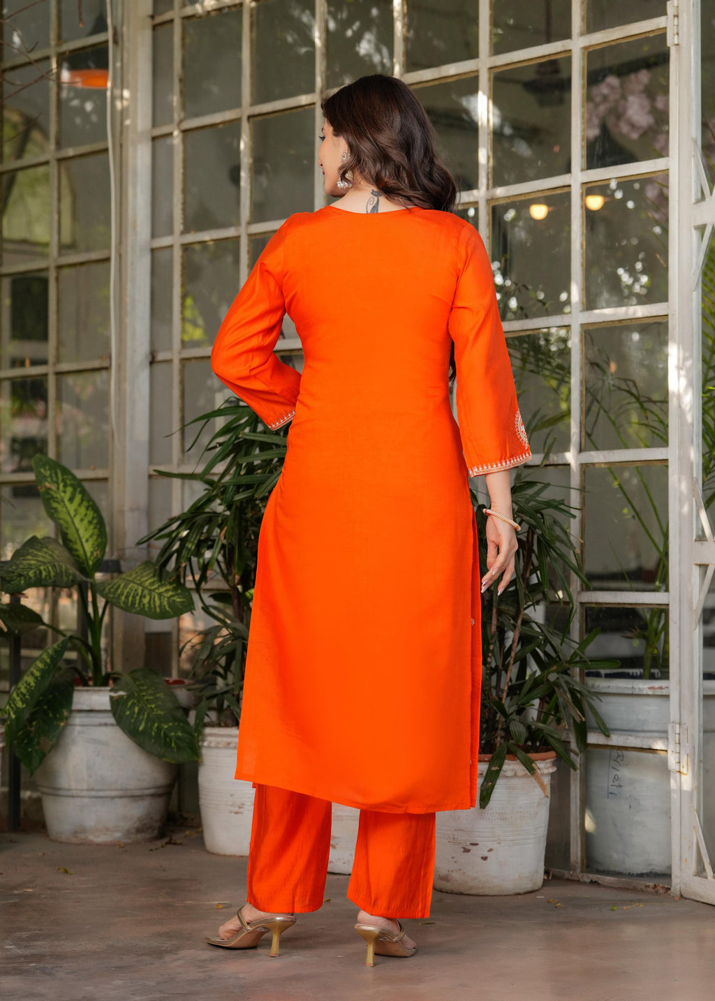 Teeya Creation Orange Color Viscose Chanderi Embroidery Work Fully Stitched Kurti Set - Distacart