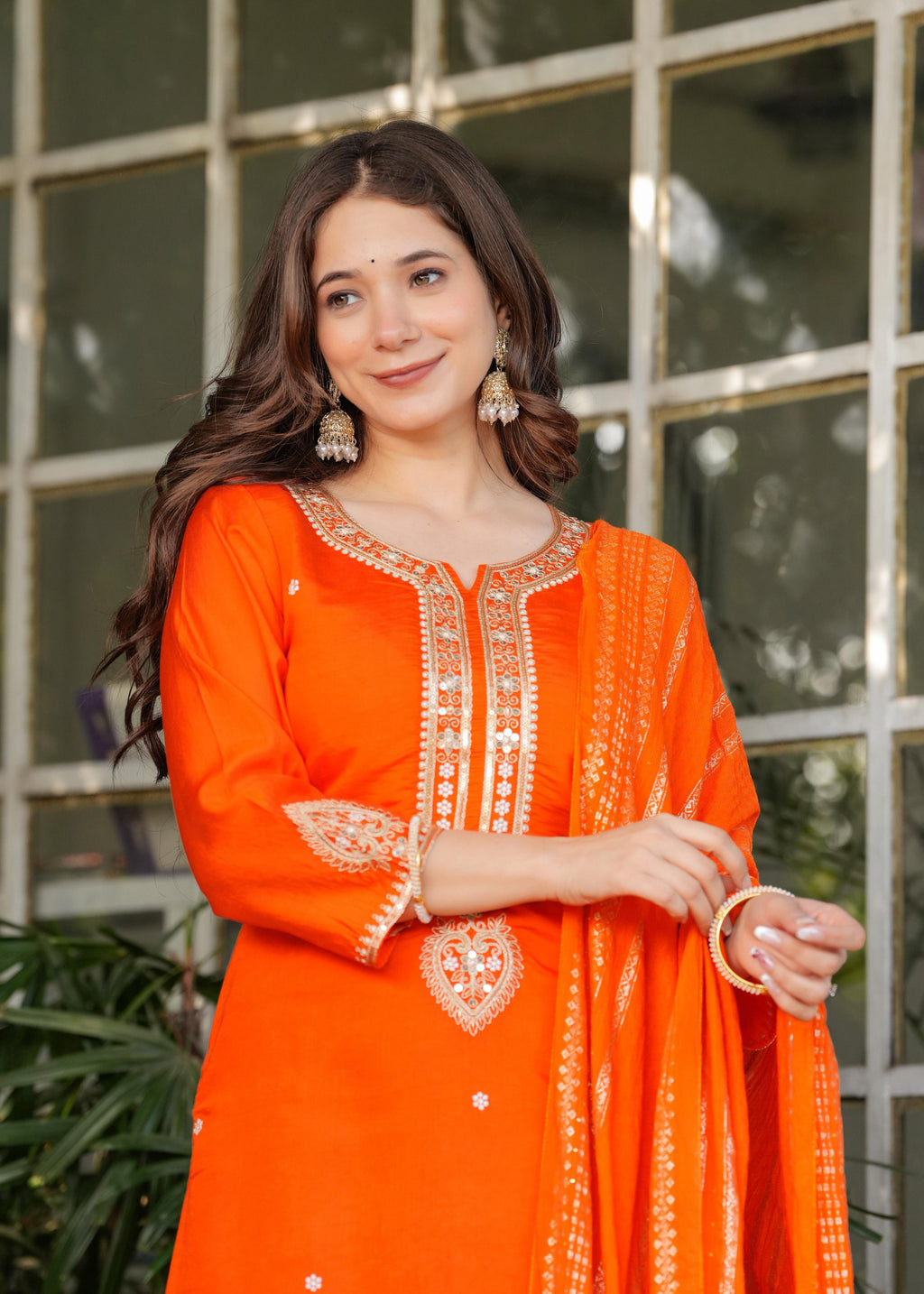 Teeya Creation Orange Color Viscose Chanderi Embroidery Work Fully Stitched Kurti Set - Distacart