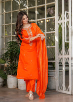 Teeya Creation Orange Color Viscose Chanderi Embroidery Work Fully Stitched Kurti Set - Distacart