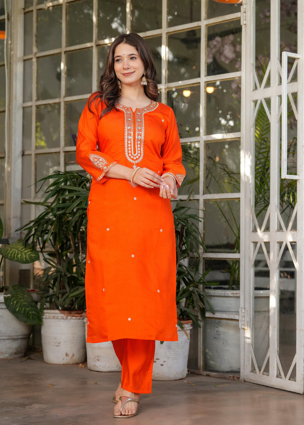 Teeya Creation Orange Color Viscose Chanderi Embroidery Work Fully Stitched Kurti Set - Distacart