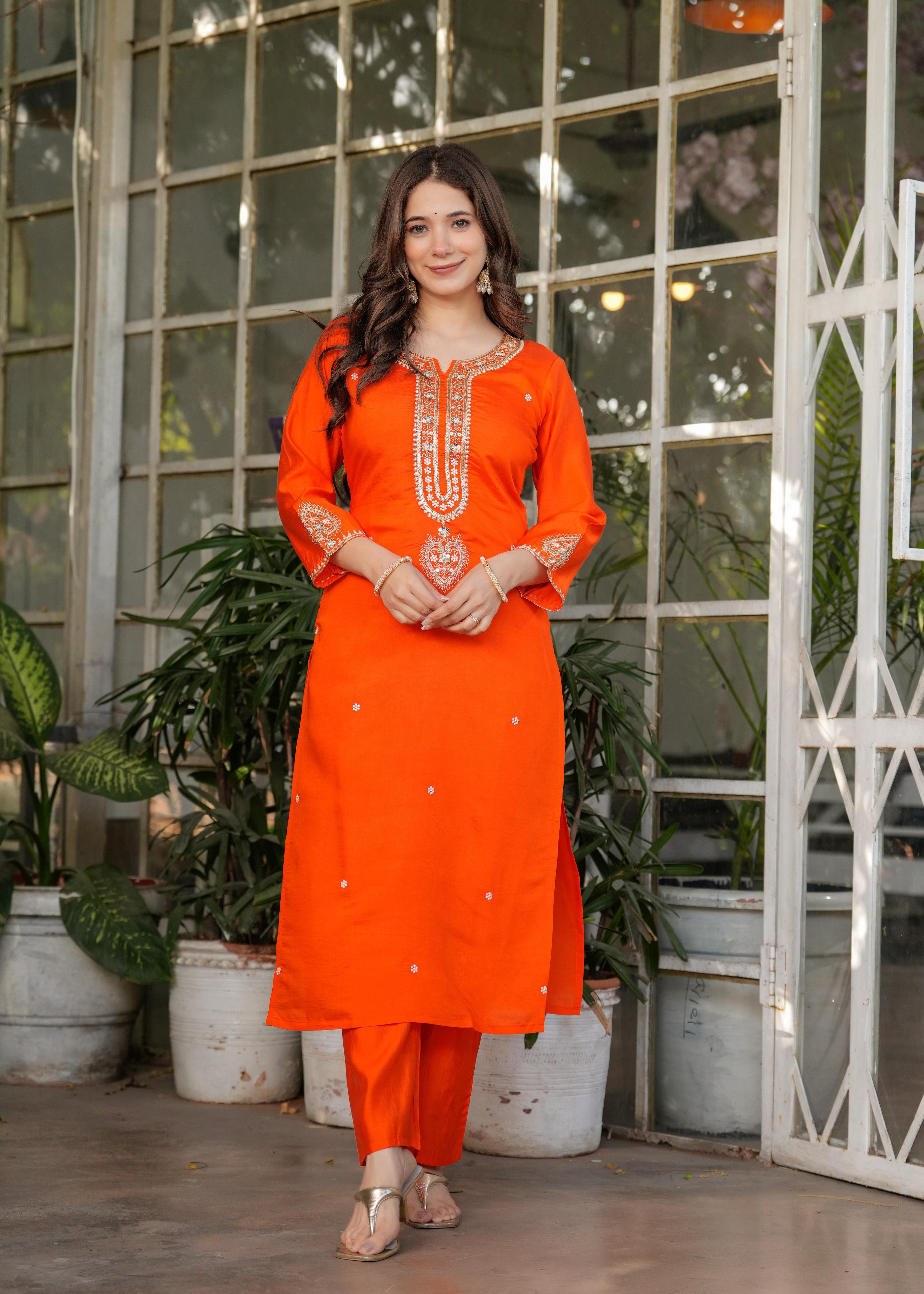 The52 Beautiful Embroidered Viscose Chanderi Fabric Straight Kurta, Pant and Dupatta Set - Distacart