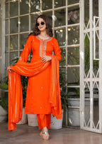 The52 Beautiful Embroidered Viscose Chanderi Fabric Straight Kurta, Pant and Dupatta Set - Distacart