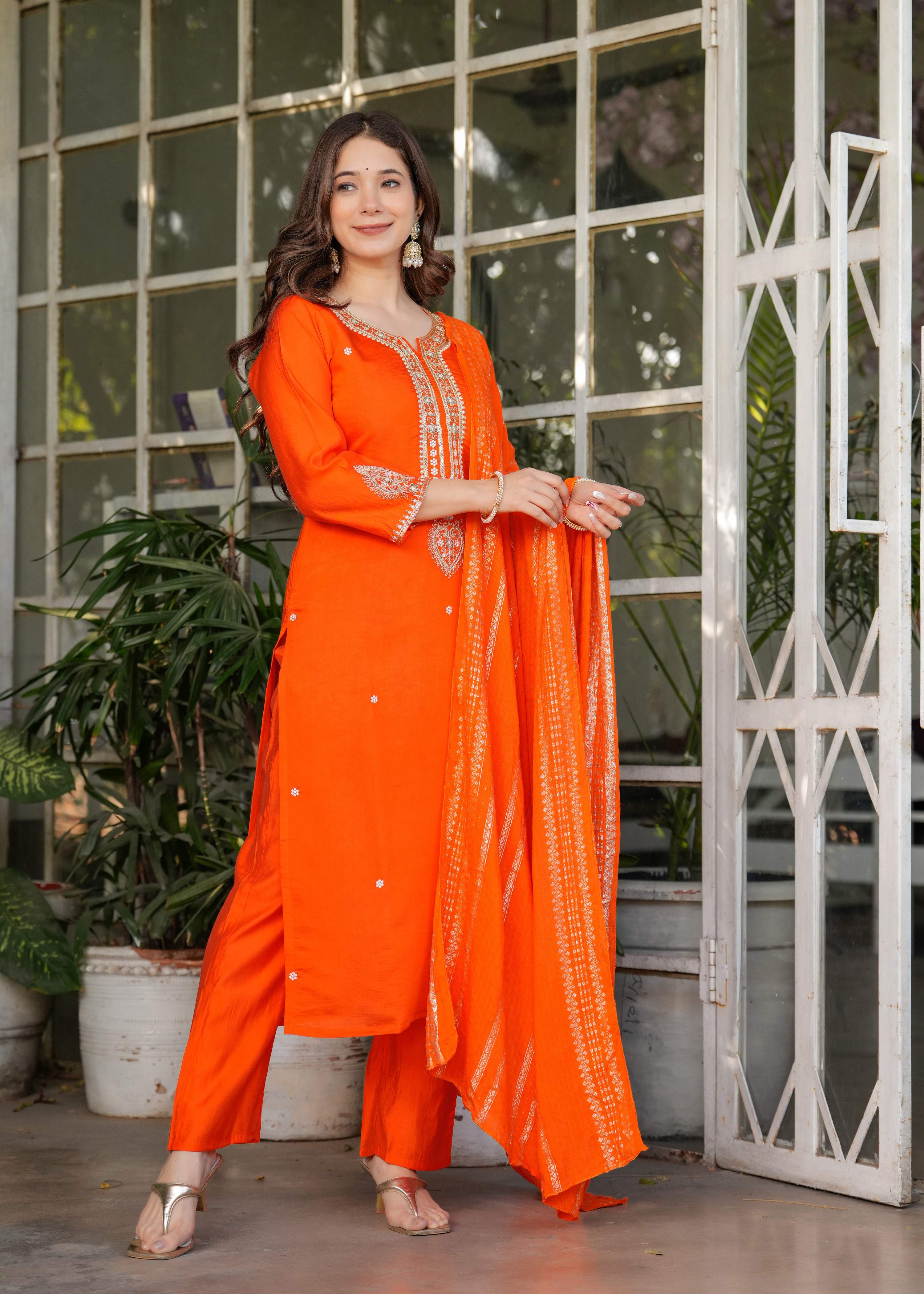 The52 Beautiful Embroidered Viscose Chanderi Fabric Straight Kurta, Pant and Dupatta Set - Distacart