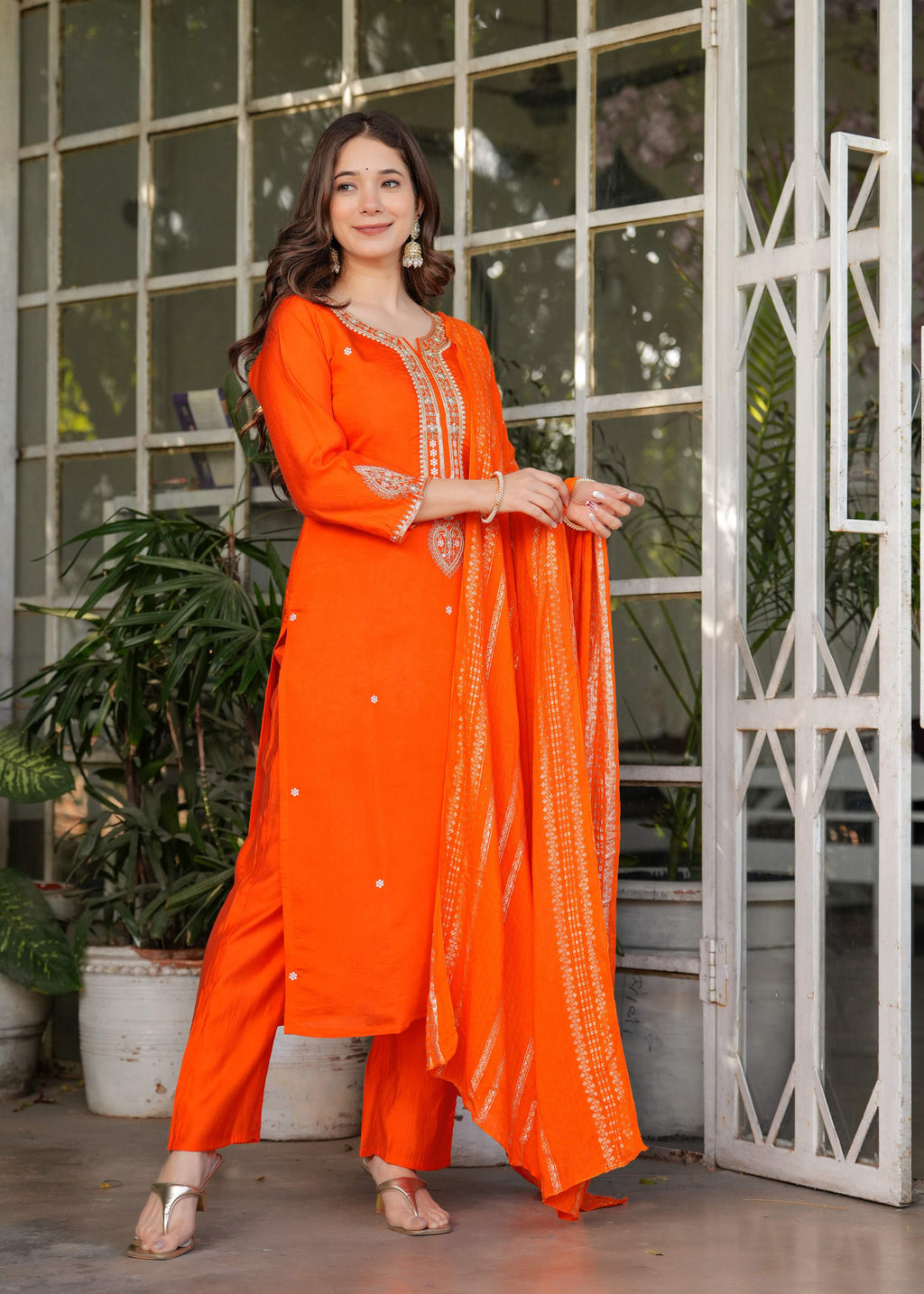The52 Beautiful Embroidered Viscose Chanderi Fabric Straight Kurta, Pant and Dupatta Set - Distacart