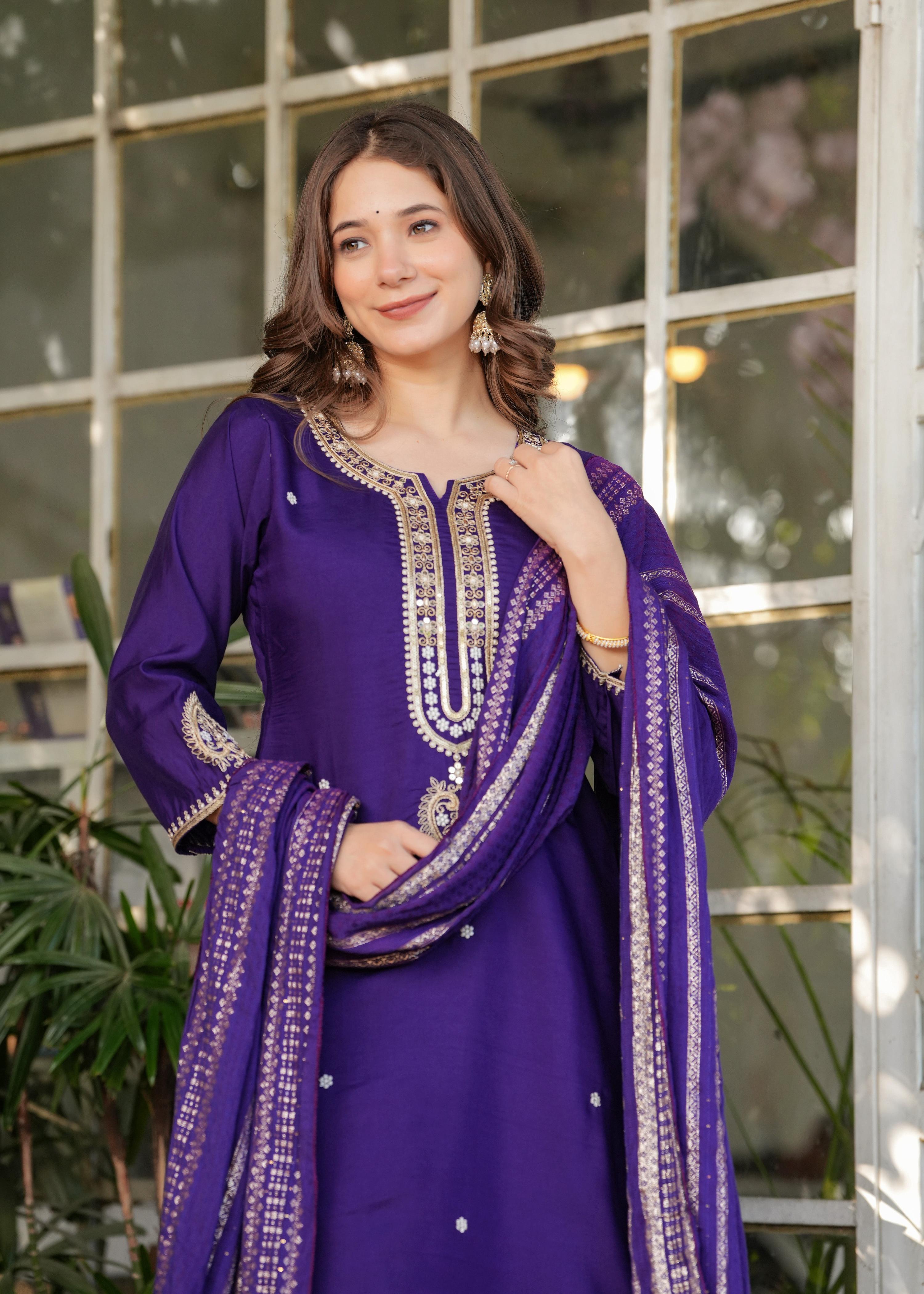 The52 Beautiful Embroidered Viscose Chanderi Fabric Straight Kurta, Pant and Dupatta Set - Distacart