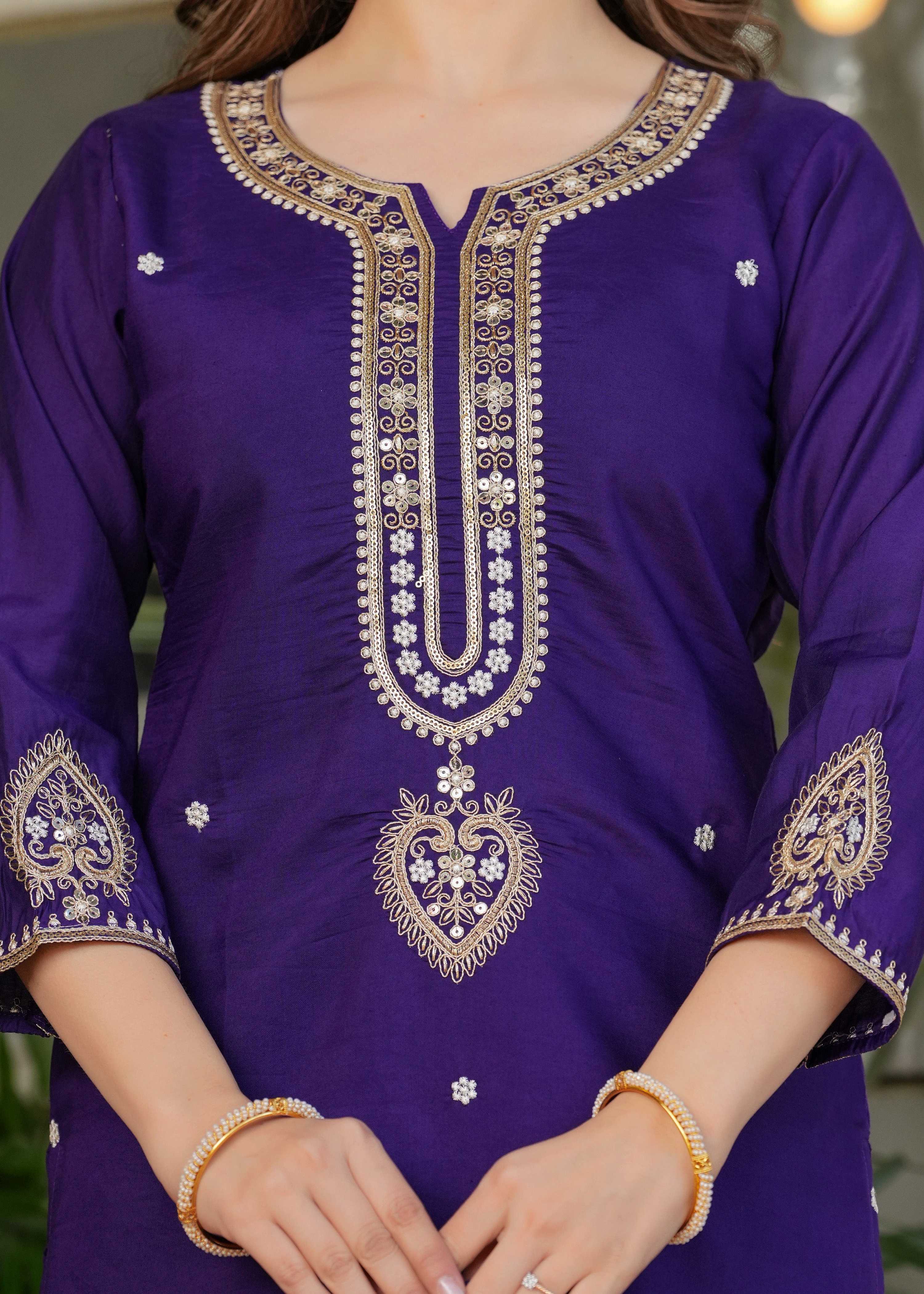 The52 Beautiful Embroidered Viscose Chanderi Fabric Straight Kurta, Pant and Dupatta Set - Distacart