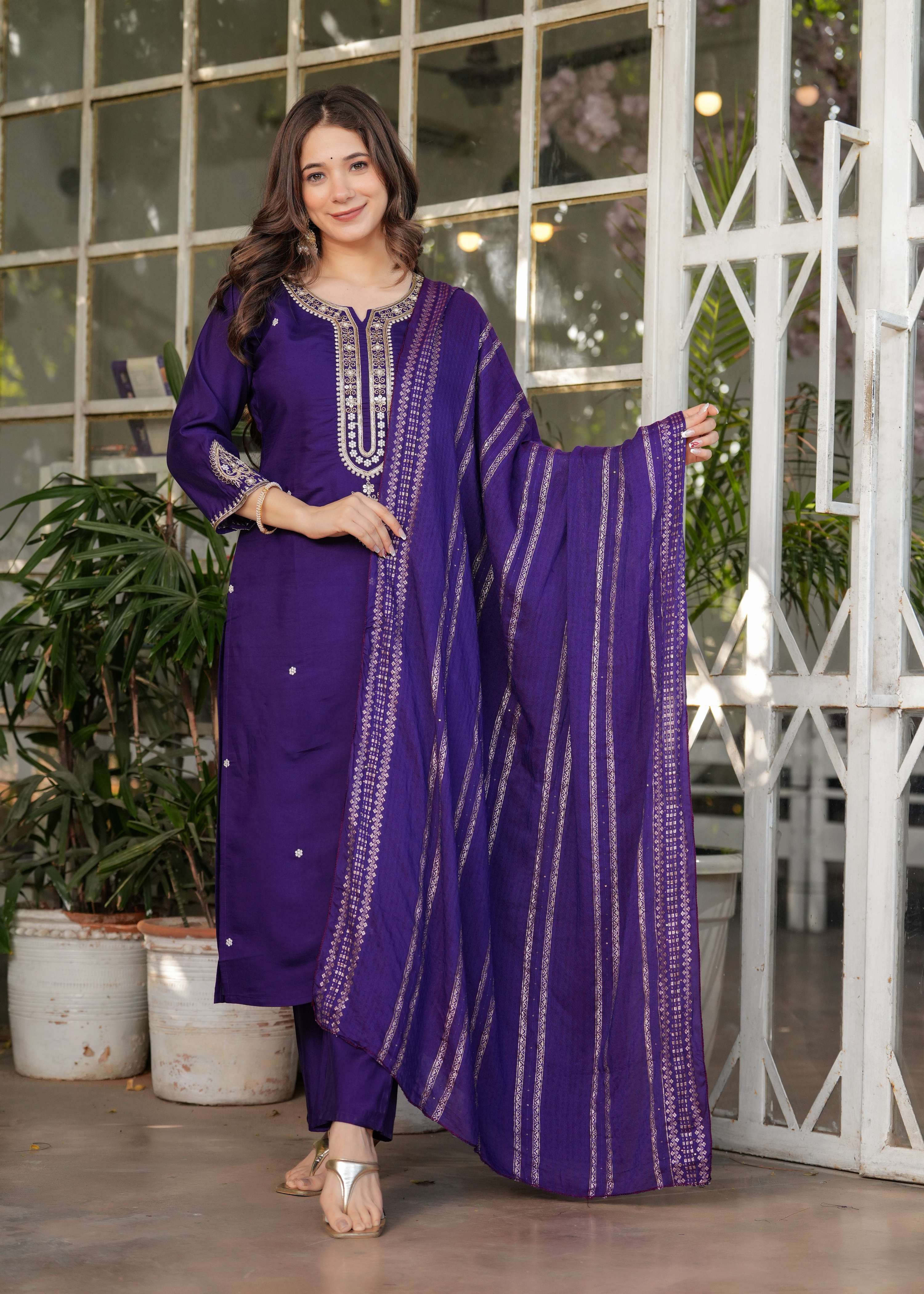 The52 Beautiful Embroidered Viscose Chanderi Fabric Straight Kurta, Pant and Dupatta Set - Distacart