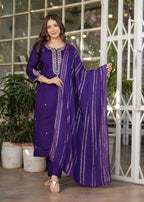 The52 Beautiful Embroidered Viscose Chanderi Fabric Straight Kurta, Pant and Dupatta Set - Distacart