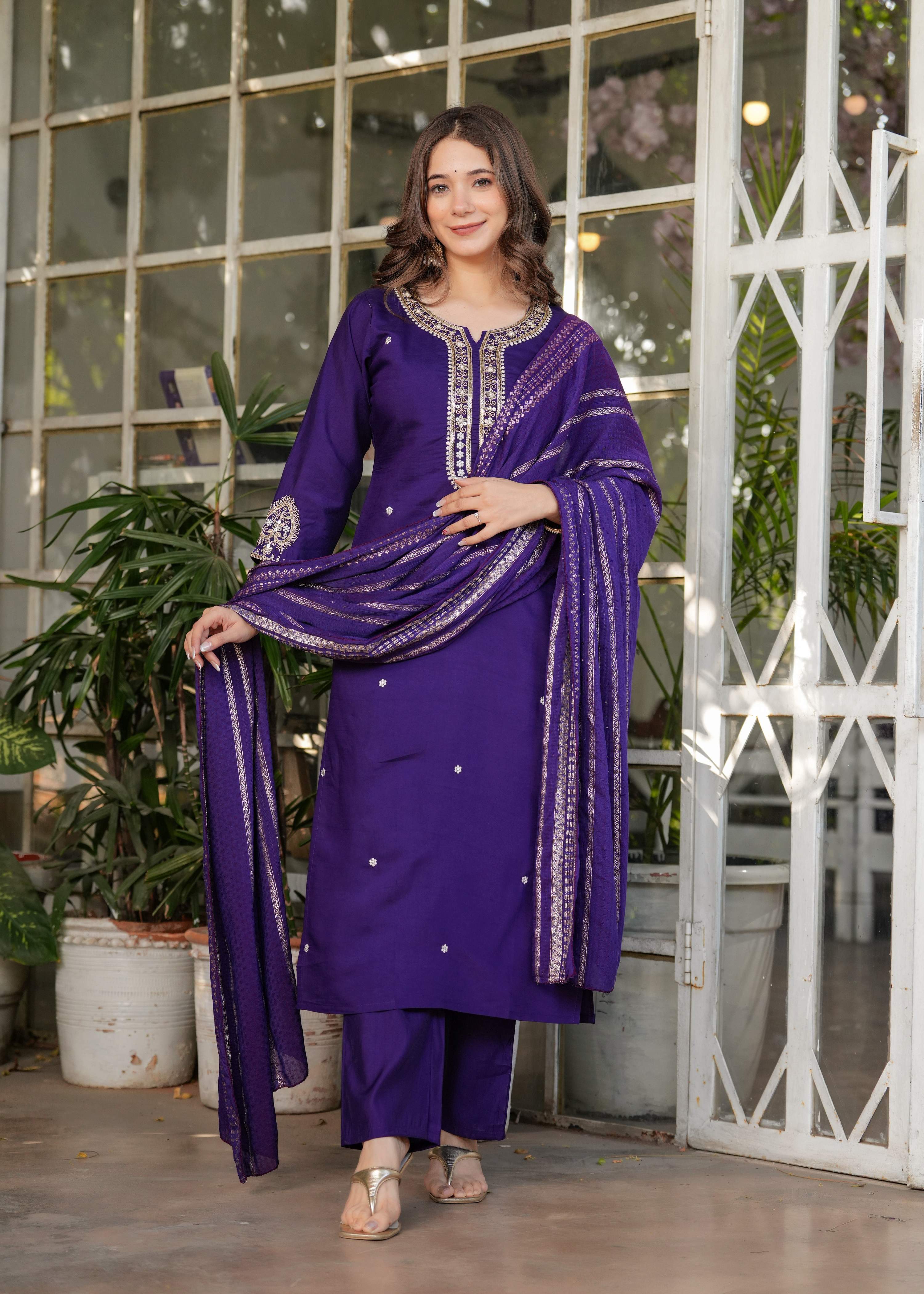 Teeya Creation Purple Color Viscose Chanderi Embroidery Work Fully Stitched Kurti Set - Distacart