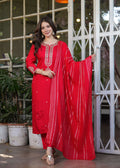 Teeya Creation Red Color Viscose Chanderi Embroidery Work Fully Stitched Kurti Set - Distacart