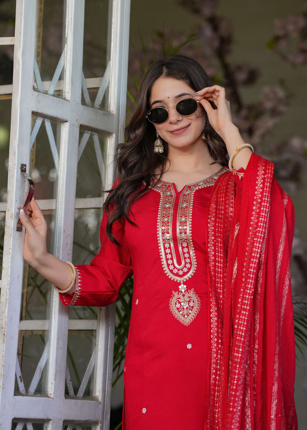Teeya Creation Red Color Viscose Chanderi Embroidery Work Fully Stitched Kurti Set - Distacart