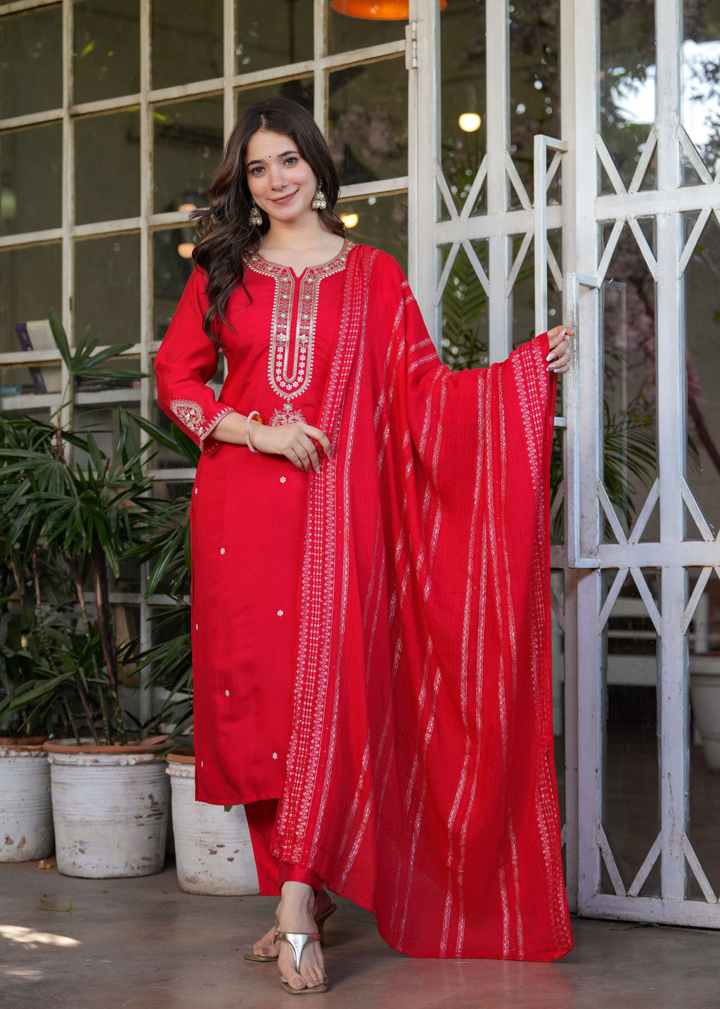 The52 Beautiful Embroidered Viscose Chanderi Fabric Straight Kurta, Pant and Dupatta Set - Distacart