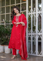 The52 Beautiful Embroidered Viscose Chanderi Fabric Straight Kurta, Pant and Dupatta Set - Distacart