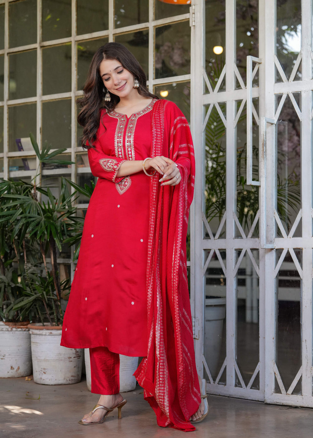 Teeya Creation Red Color Viscose Chanderi Embroidery Work Fully Stitched Kurti Set - Distacart