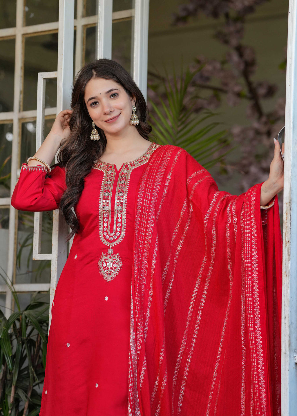 The52 Beautiful Embroidered Viscose Chanderi Fabric Straight Kurta, Pant and Dupatta Set - Distacart