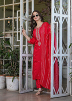 Teeya Creation Red Color Viscose Chanderi Embroidery Work Fully Stitched Kurti Set - Distacart