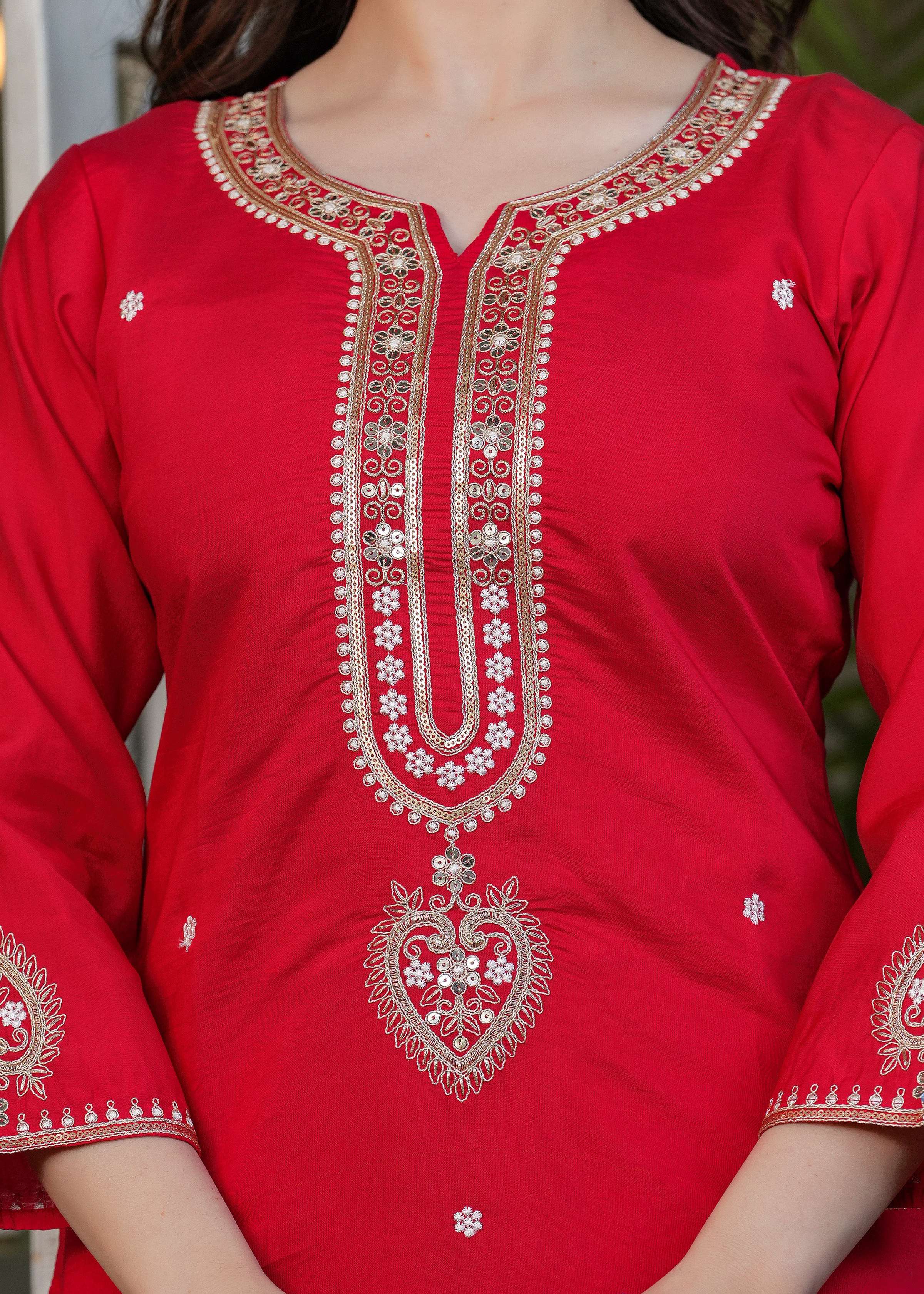 The52 Beautiful Embroidered Viscose Chanderi Fabric Straight Kurta, Pant and Dupatta Set - Distacart