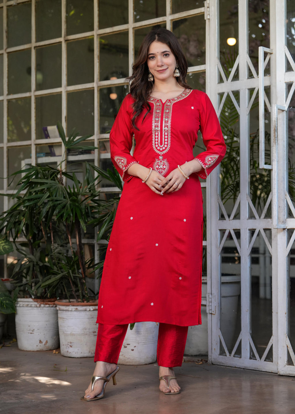 The52 Beautiful Embroidered Viscose Chanderi Fabric Straight Kurta, Pant and Dupatta Set - Distacart