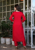 Teeya Creation Red Color Viscose Chanderi Embroidery Work Fully Stitched Kurti Set - Distacart