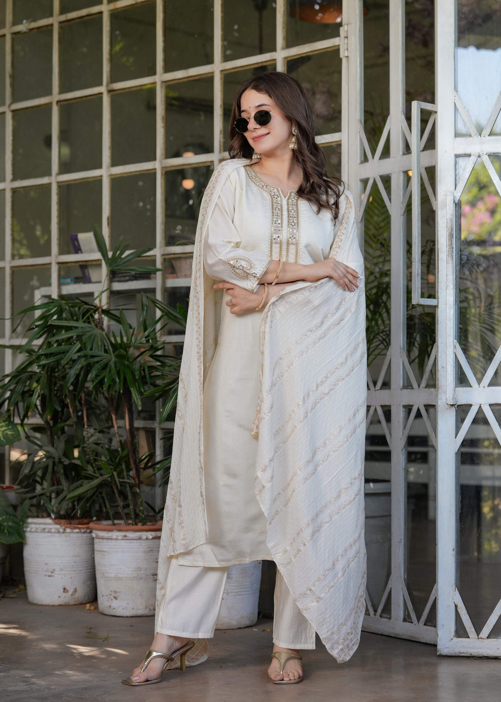 Teeya Creation White Color Viscose Chanderi Embroidery Work Fully Stitched Kurti Set - Distacart