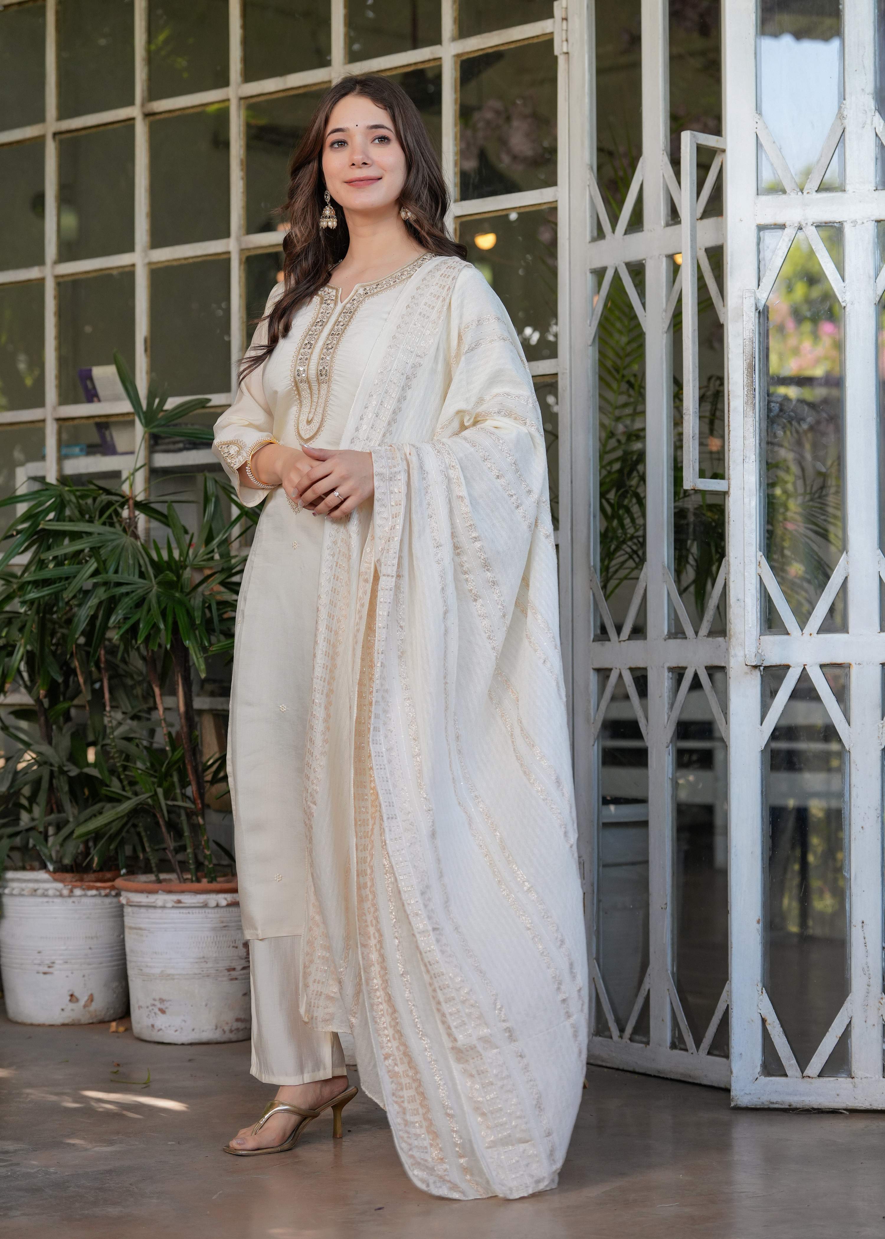 Teeya Creation White Color Viscose Chanderi Embroidery Work Fully Stitched Kurti Set - Distacart
