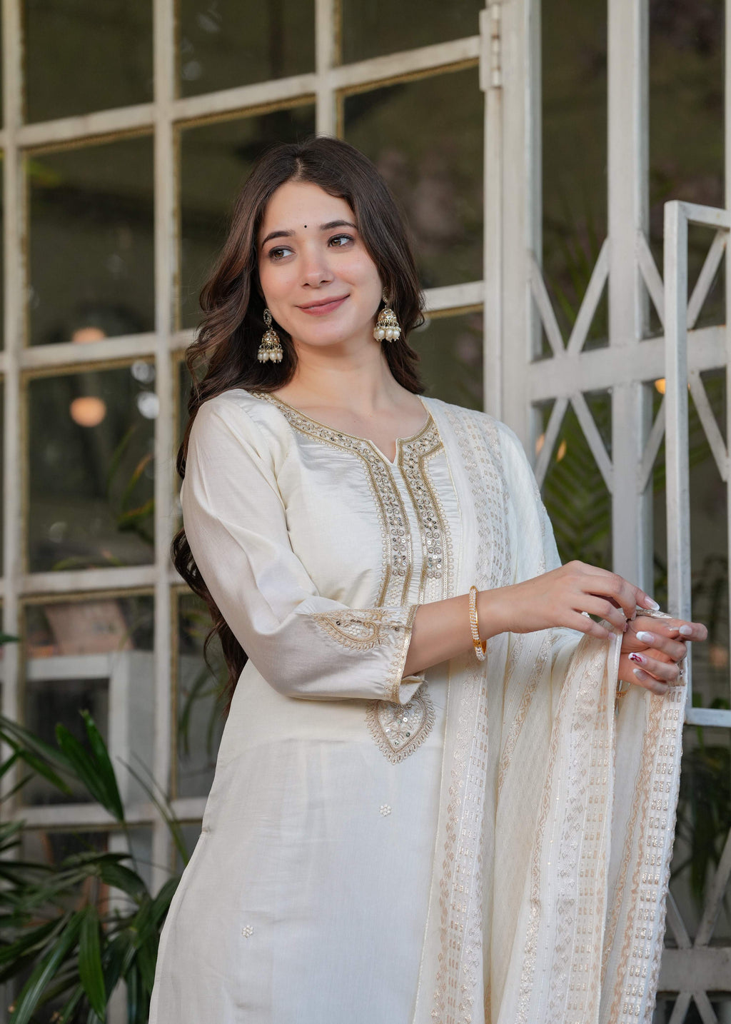 Teeya Creation White Color Viscose Chanderi Embroidery Work Fully Stitched Kurti Set - Distacart