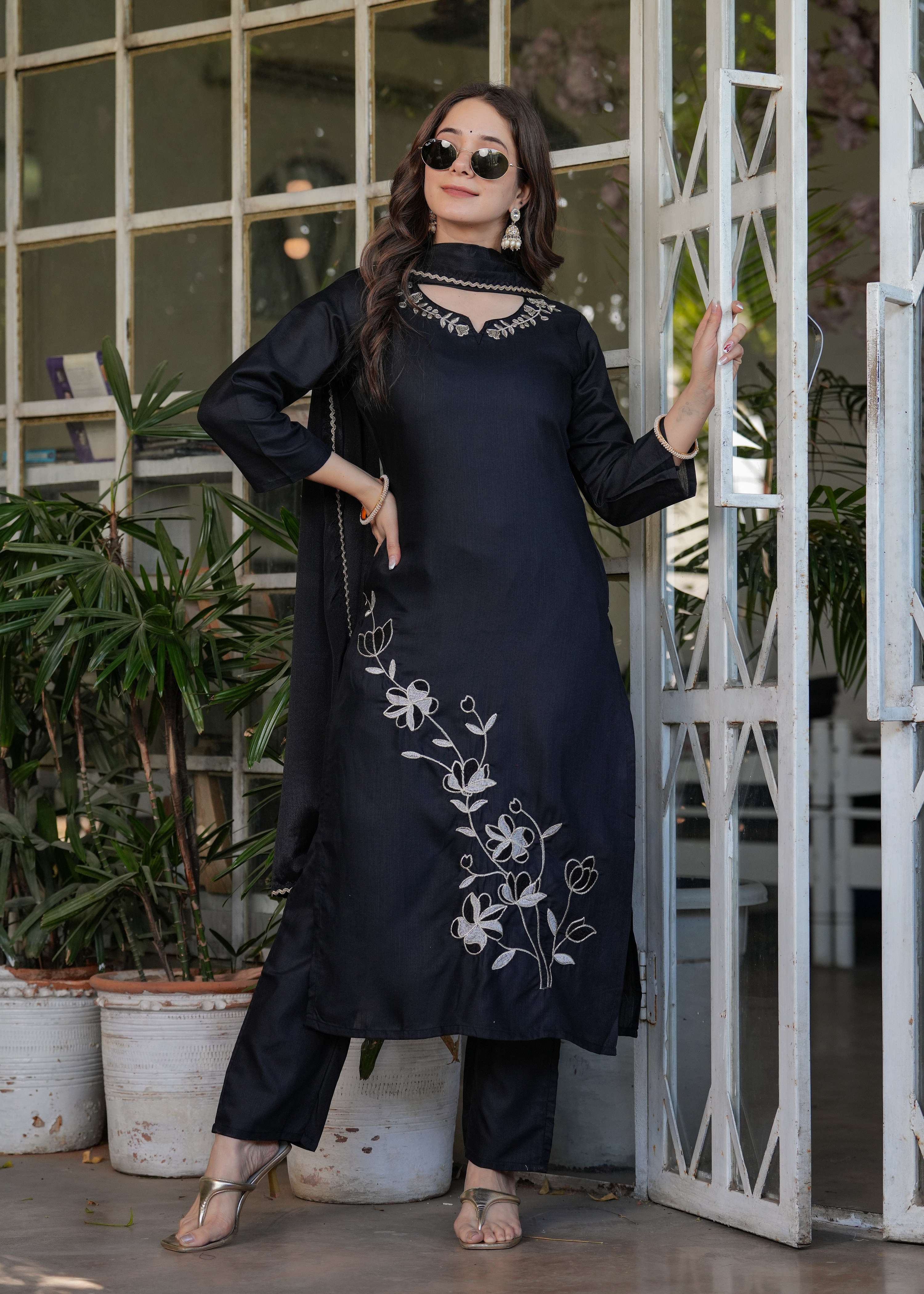 Teeya Creation Black Color Viscose Rayon Embroidery Work Fully Stitched Kurti Set - Distacart