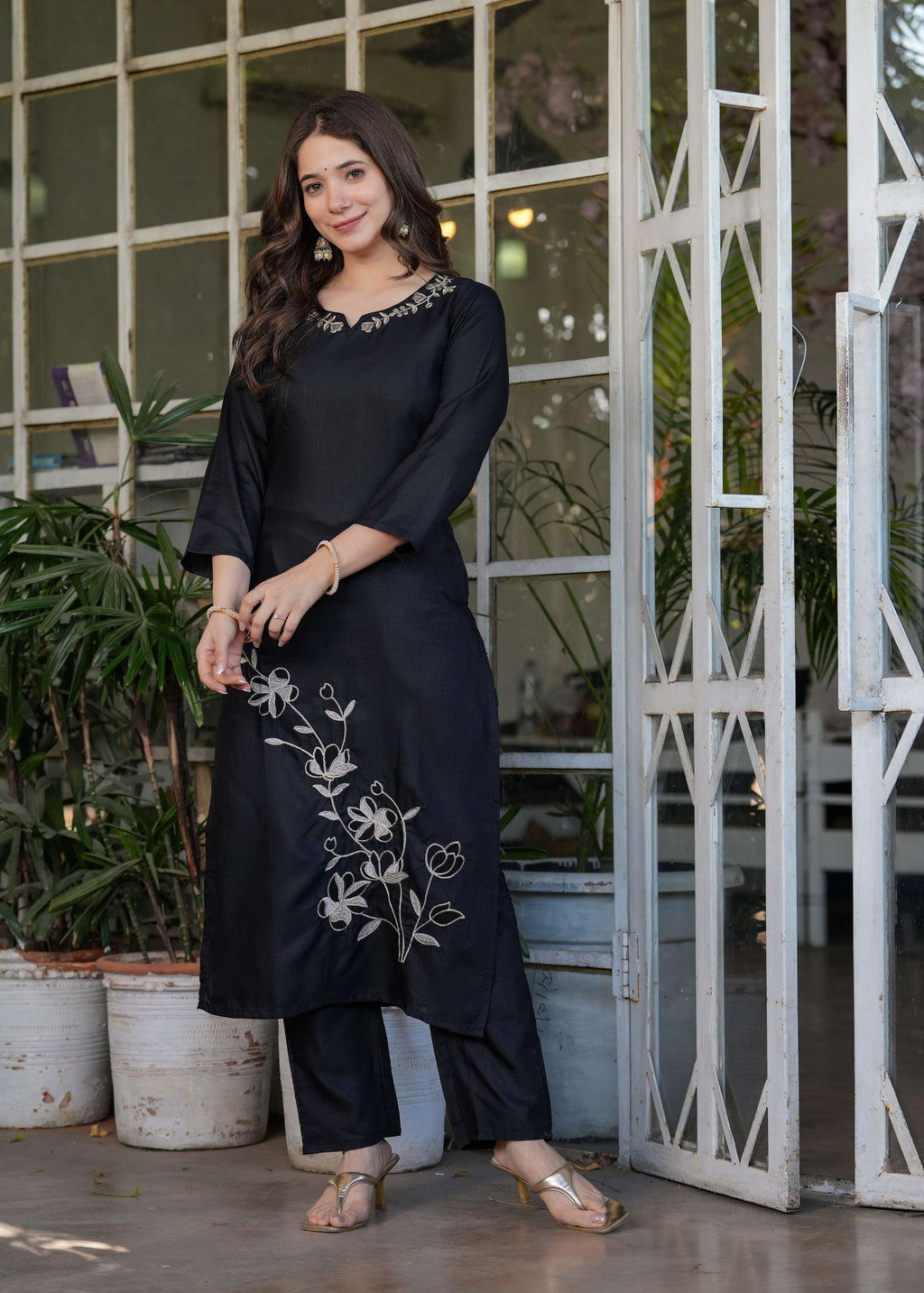 Teeya Creation Black Color Viscose Rayon Embroidery Work Fully Stitched Kurti Set - Distacart