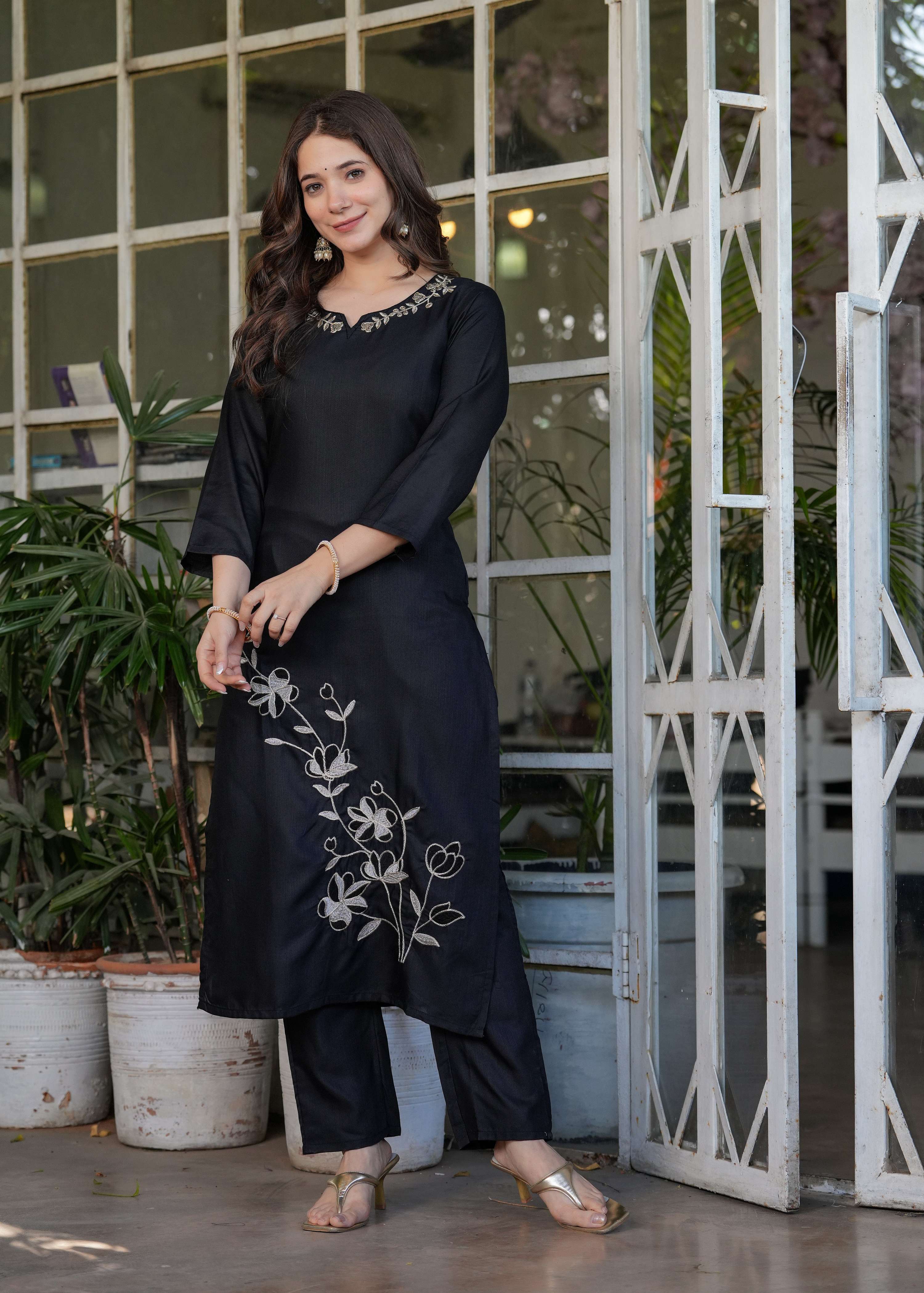 Teeya Creation Black Color Viscose Rayon Embroidery Work Fully Stitched Kurti Set - Distacart