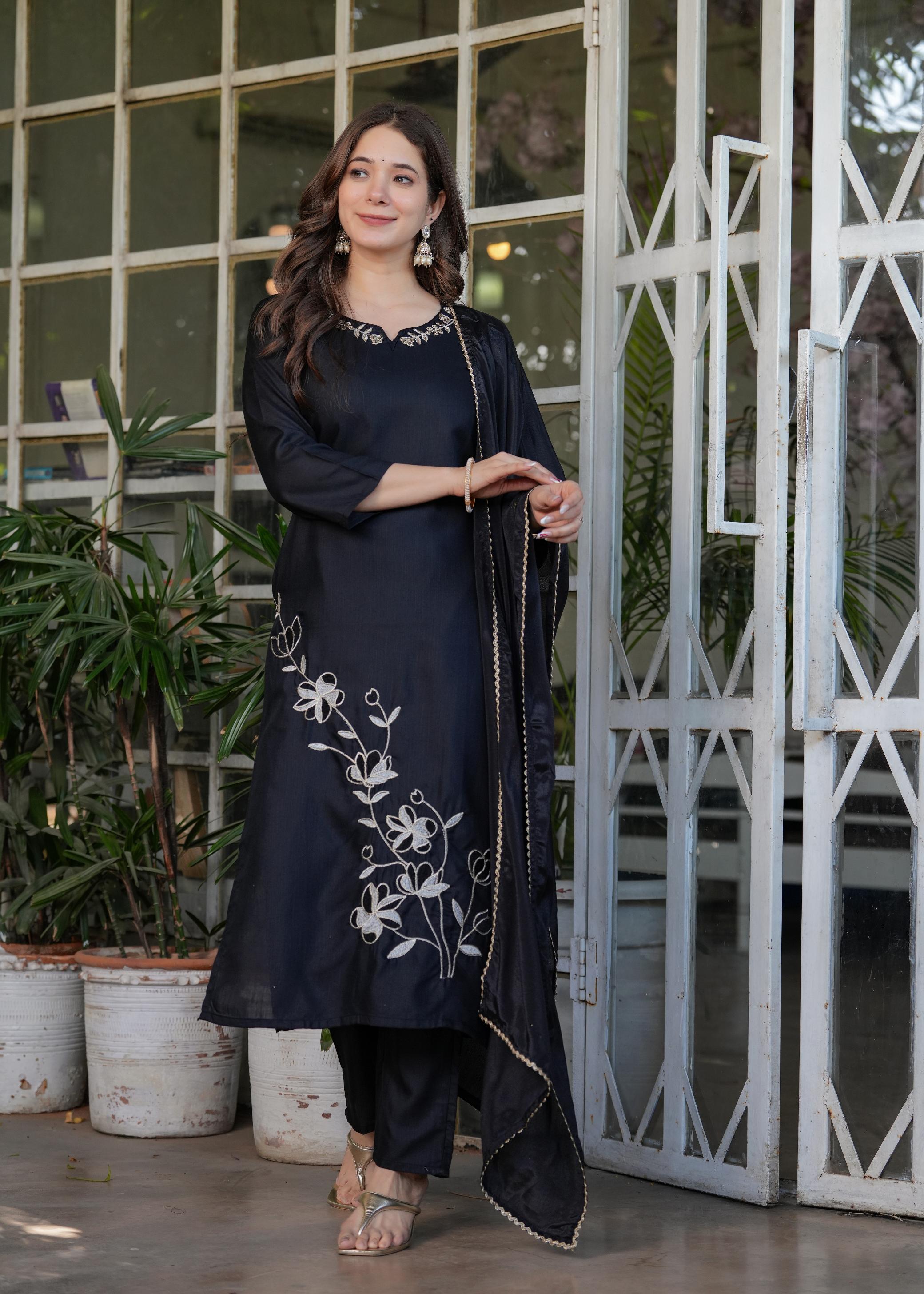 The52 Beautiful Thread Work Viscose Rayon Fabric Straight Kurta, Pant and Dupatta Set - Distacart