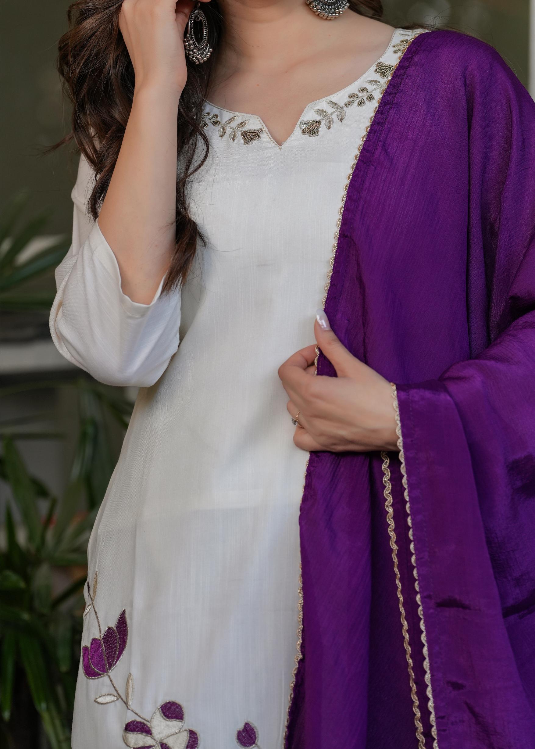 The52 Beautiful Thread Work Viscose Rayon Fabric Straight Kurta, Pant and Dupatta Set - Distacart