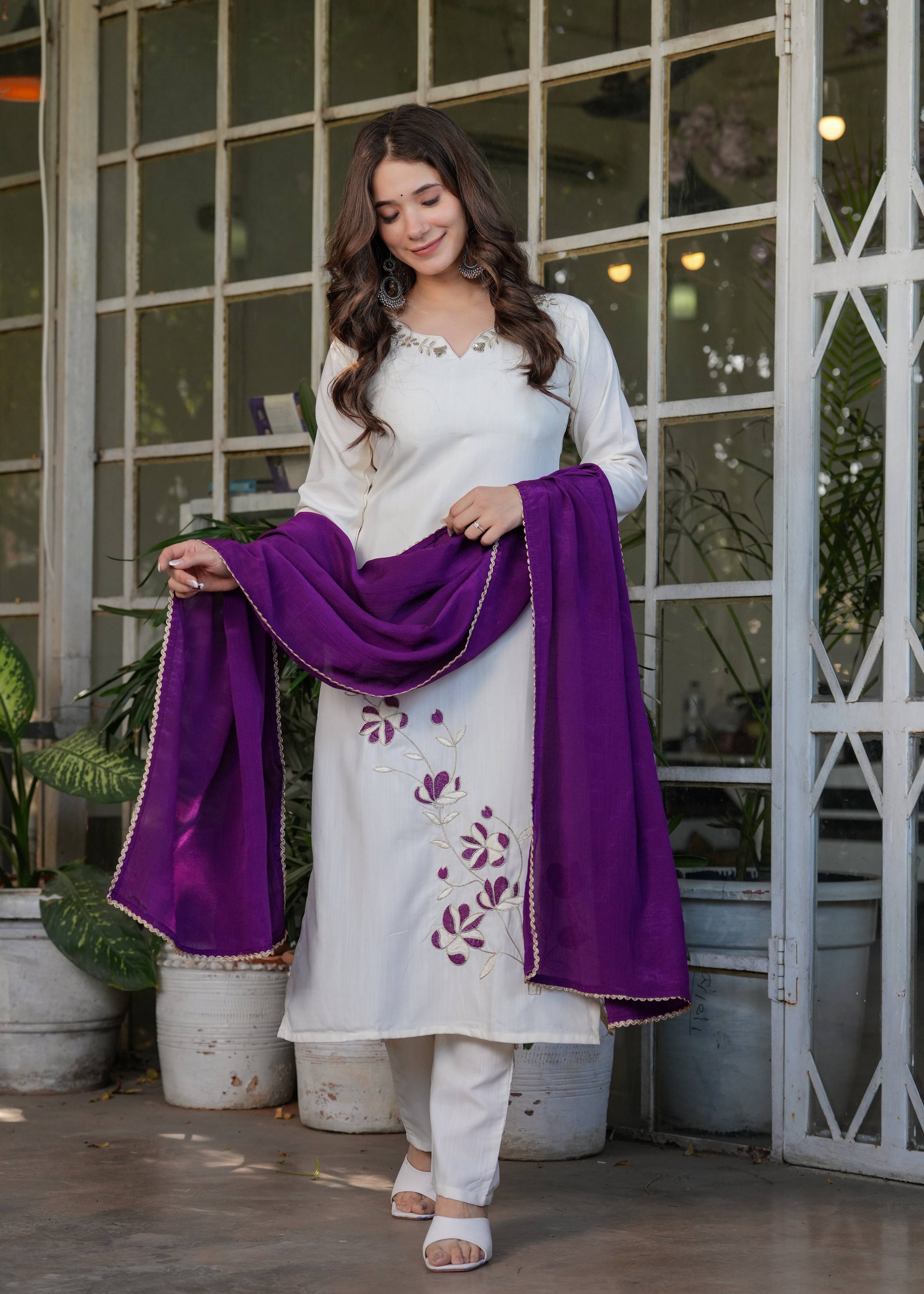 Teeya Creation White Color Viscose Rayon Embroidery Work Fully Stitched Kurti Set - Distacart